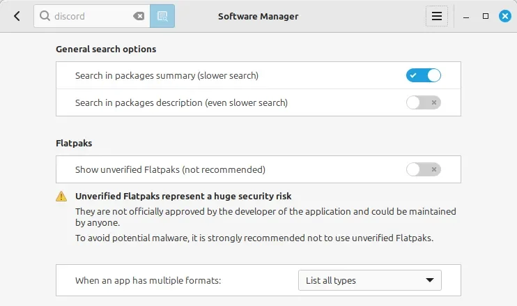 Flatpak não verificado alternar linux mint 22