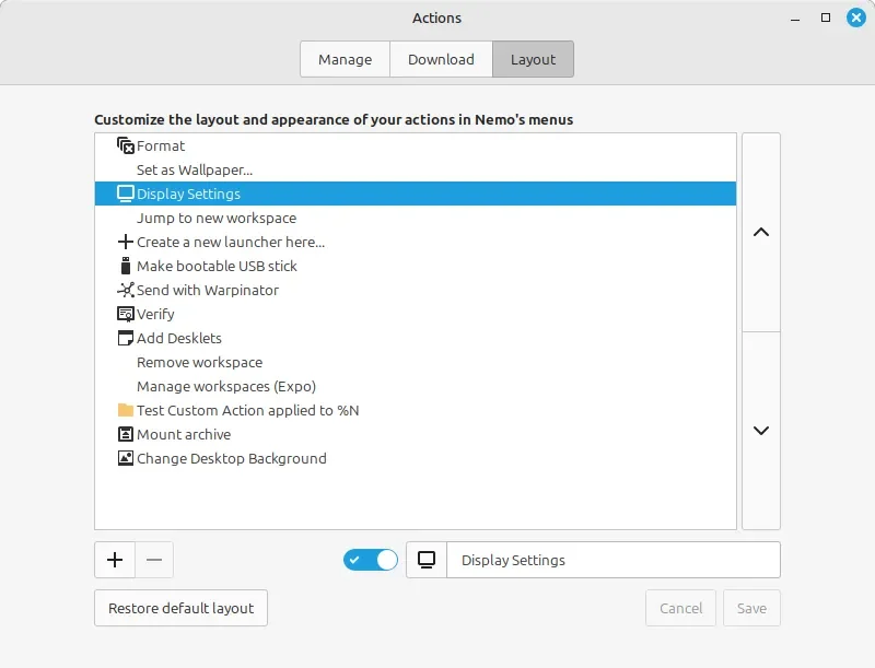 Editor de layout de ações do Linux Mint 22