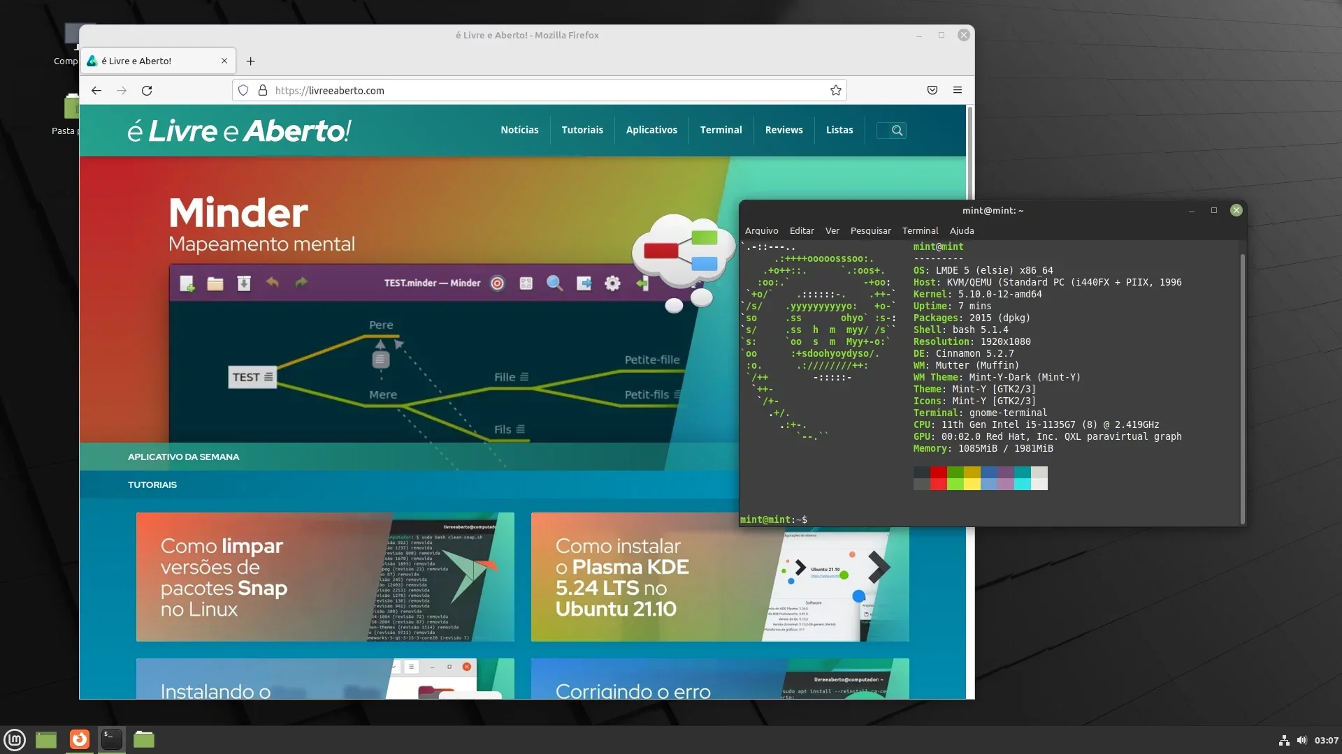 LMDE 5 com o navegador no site livreeaberto.com e o terminal mostrando informações do neofetch LMDE 5 com o navegador no site livreeaberto.com e o terminal mostrando informações do neofetch