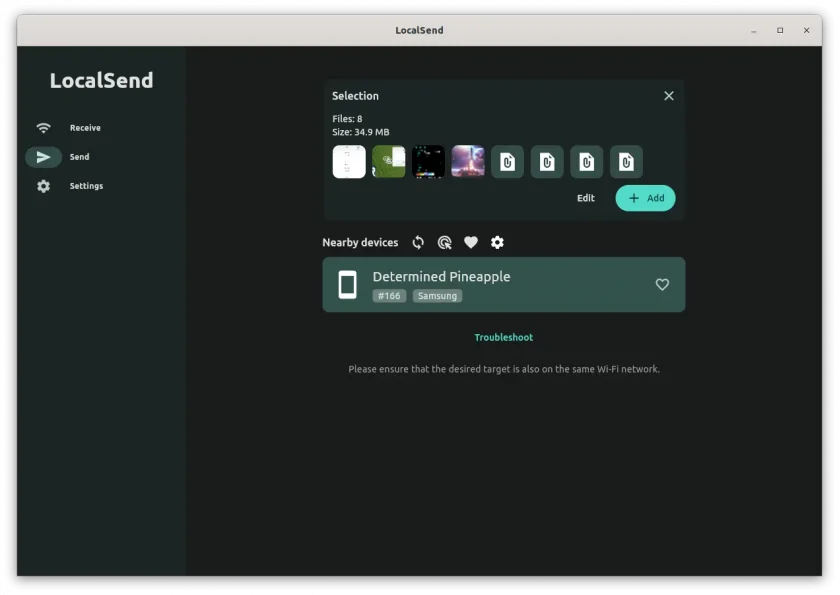 Uma captura de tela do LocalSend com alguns arquivos selecionados para envio e um dispositivo próximo sendo mostrado
