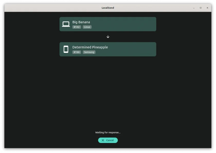 Uma captura de tela do LocalSend aguardando resposta de um dispositivo Android para o qual está enviando arquivos