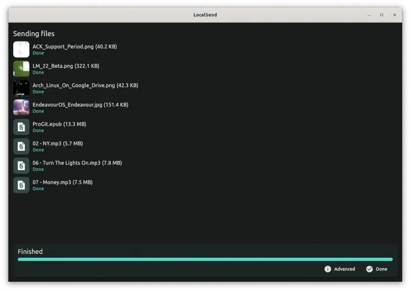 Uma captura de tela do LocalSend após a conclusão do envio dos arquivos
