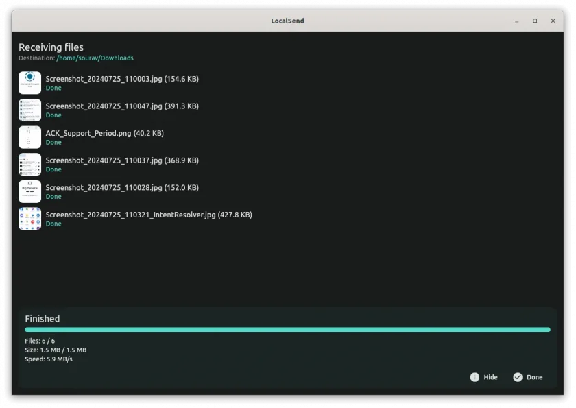 Uma captura de tela do LocalSend após uma sessão de transferência de arquivos bem-sucedida com o tamanho e a velocidade mostrados abaixo