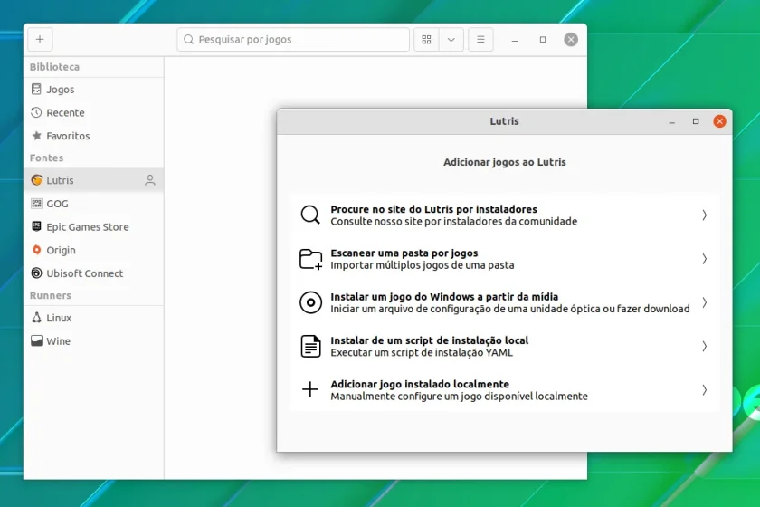 Diálogo para adicionar jogos no Lutris