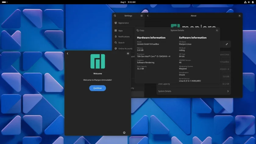 Uma captura de tela de uma versão de teste inicial do Manjaro imutável