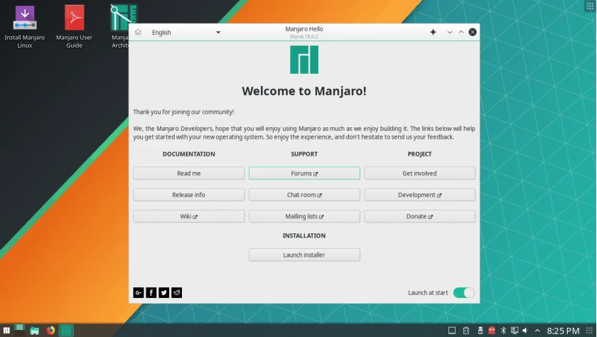 Tela de boas vindas do Manjaro