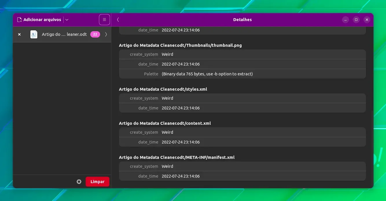 Metadata Cleaner mostrando detalhes Metadata Cleaner mostrando detalhes