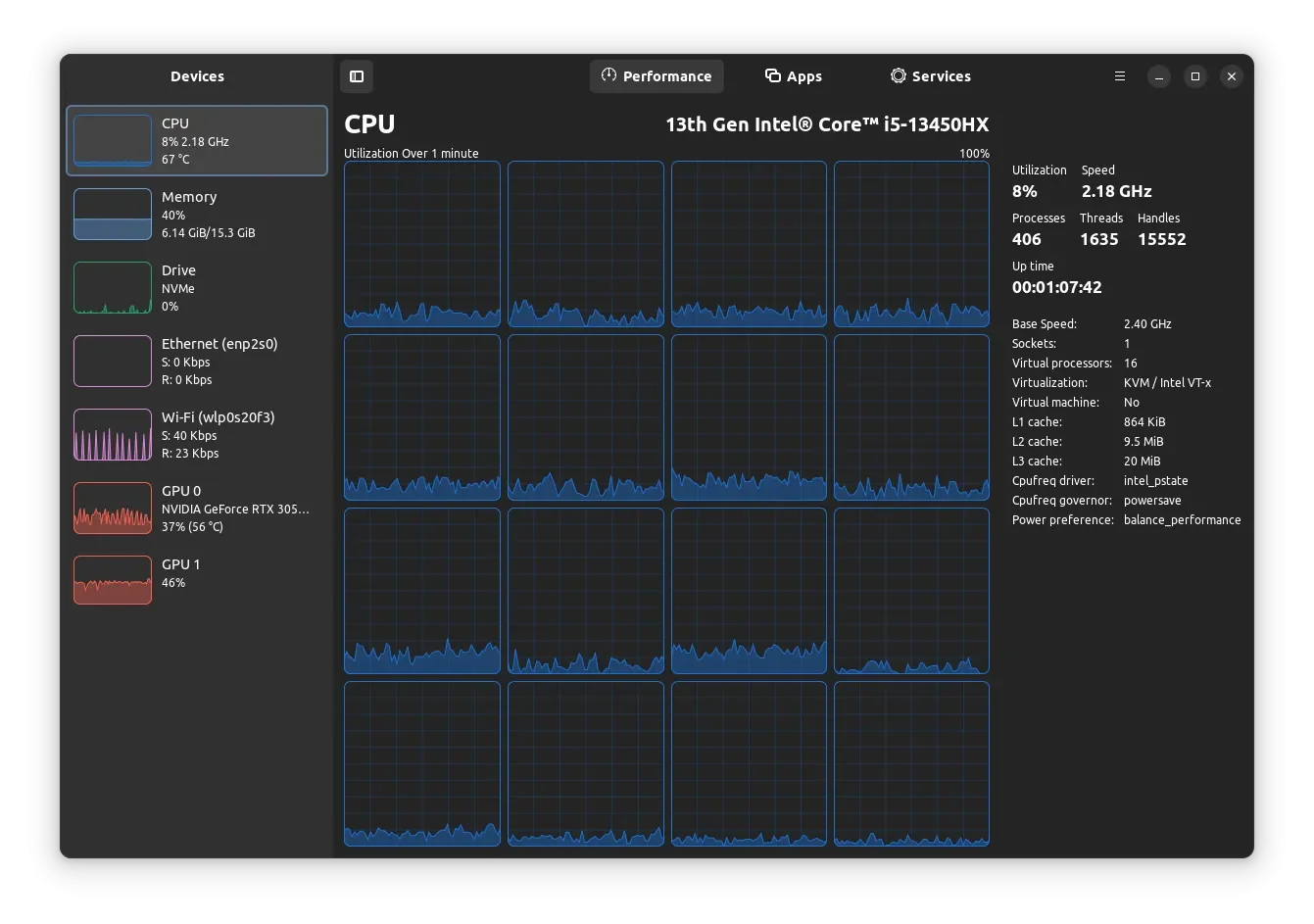 Uma captura de tela da guia CPU do Mission Center 0.5.0