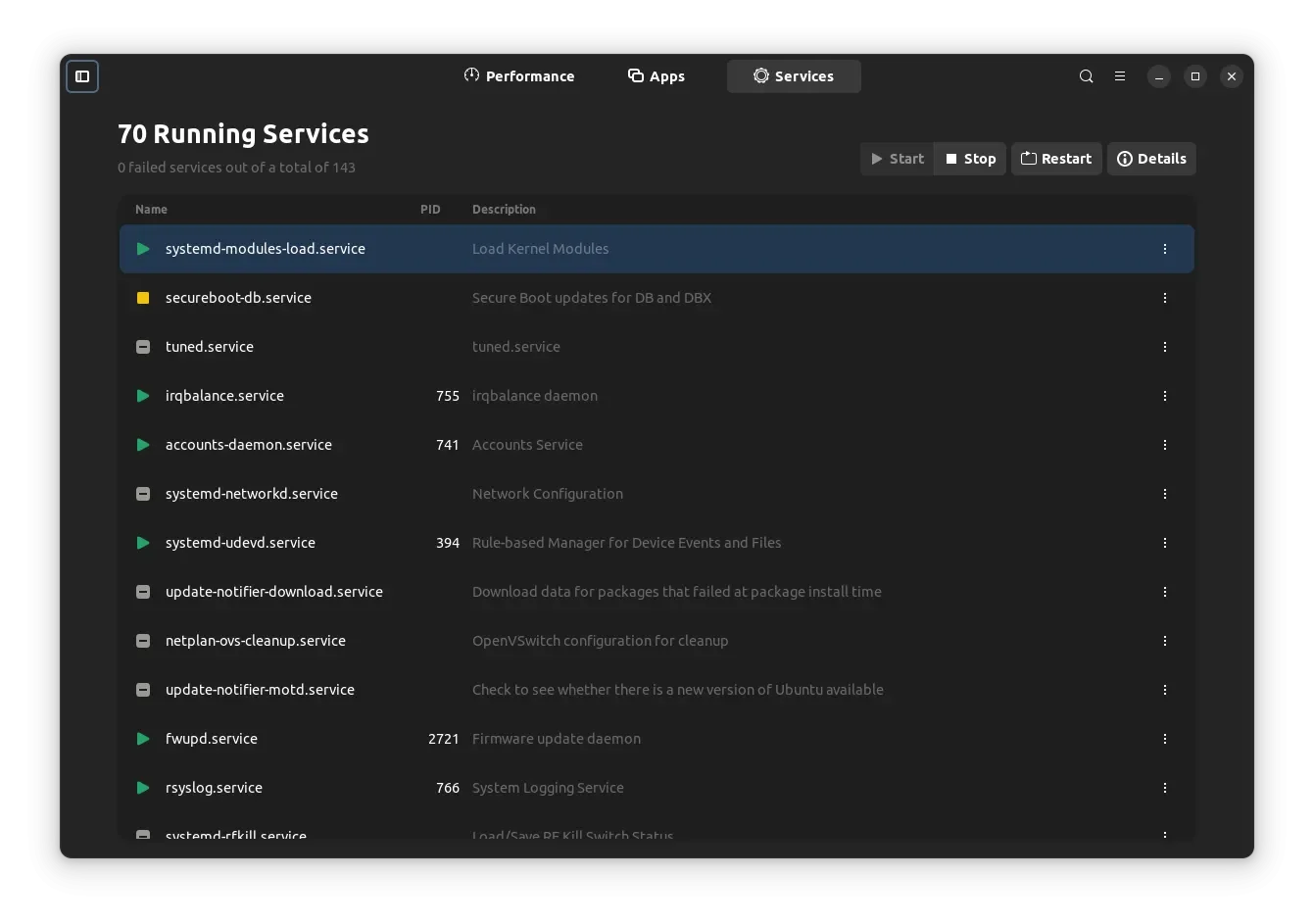 Uma captura de tela da guia Serviços do Mission Center 0.5.0