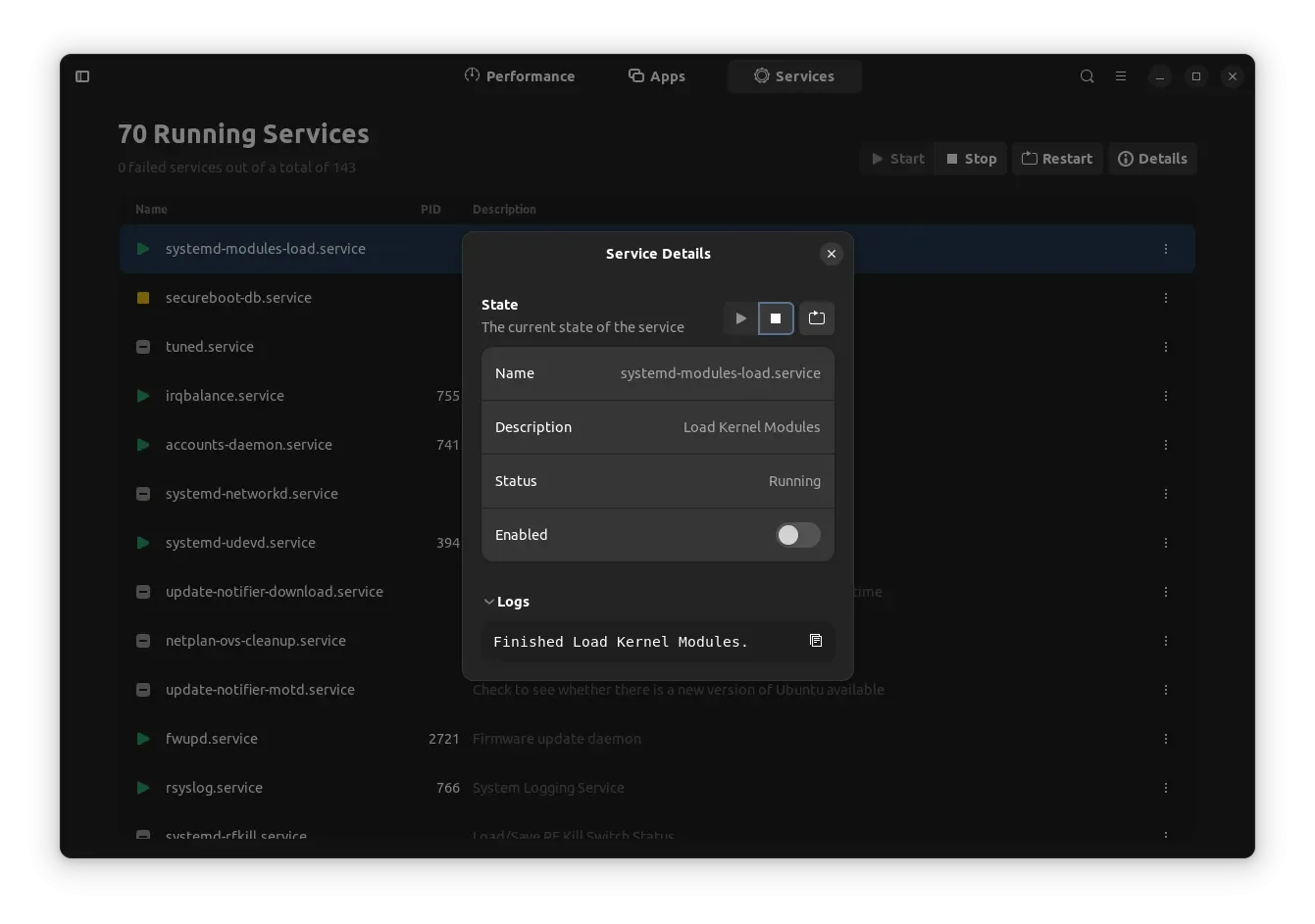 Uma captura de tela do menu de detalhes do serviço do Mission Center 0.5.0 na guia Serviços