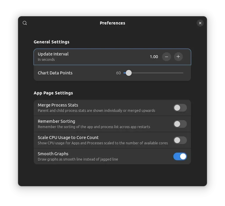 uma captura de tela do menu de preferências do Mission Center 0.5.0