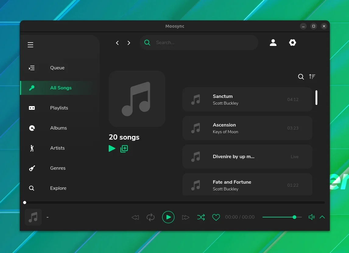 Uma captura de tela da guia moosync todas as músicas Uma captura de tela da guia moosync todas as músicas