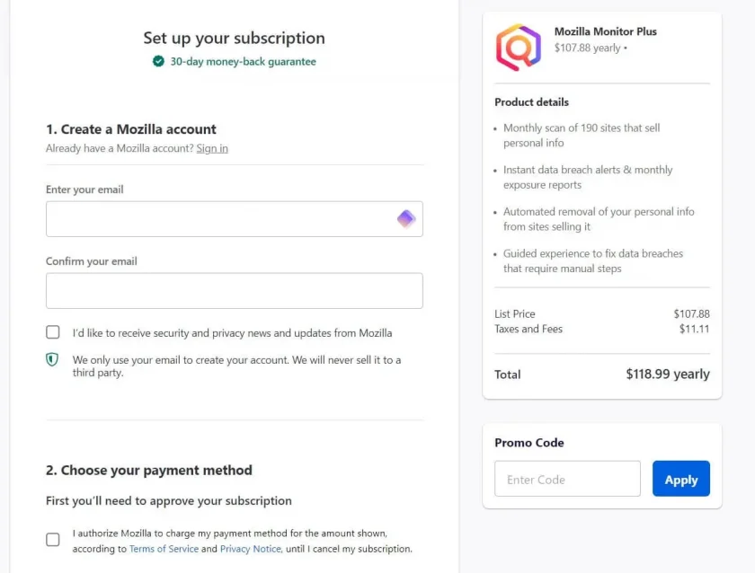 Uma captura de tela da tela de faturamento do Mozilla Monitor Plus