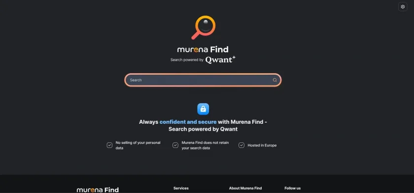 Murena Find Homepage com alguns de seus principais recursos listados abaixo da barra de pesquisa