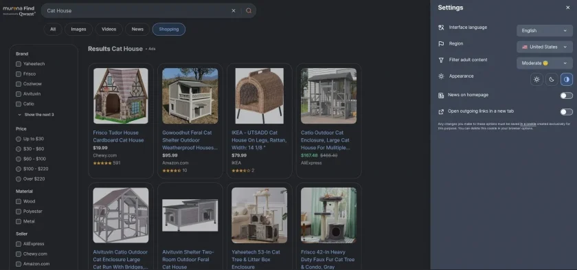 Página de compras do Murena Find com o termo de pesquisa Cat House inserido e a caixa de diálogo Configurações com muitas opções à direita