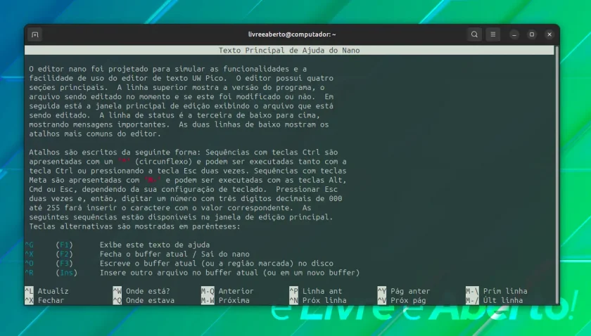 Como obter ajuda no editor Nano Como obter ajuda no editor Nano
