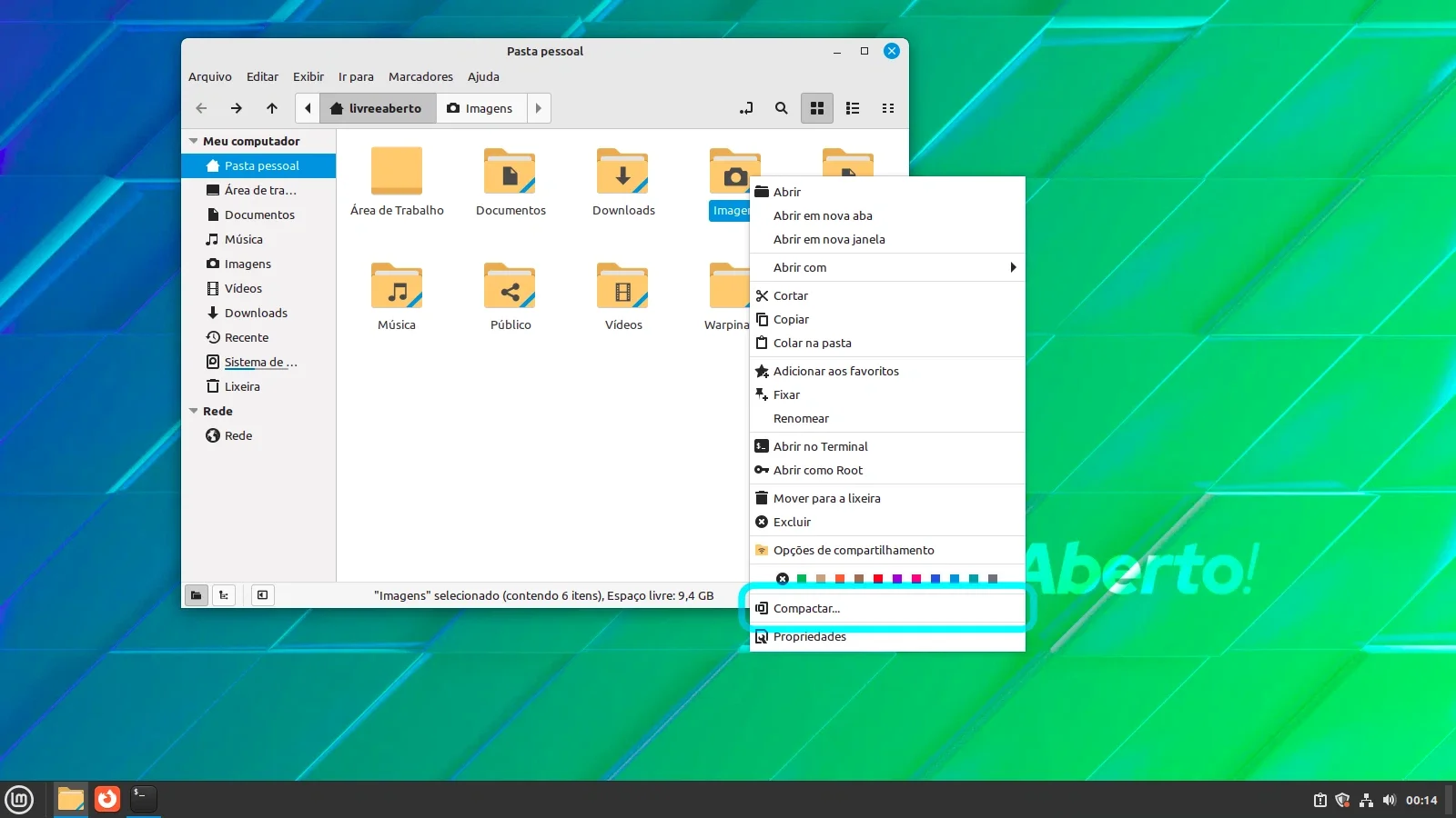 Opção Compactar no menu de contexto do botão direito do mouse
