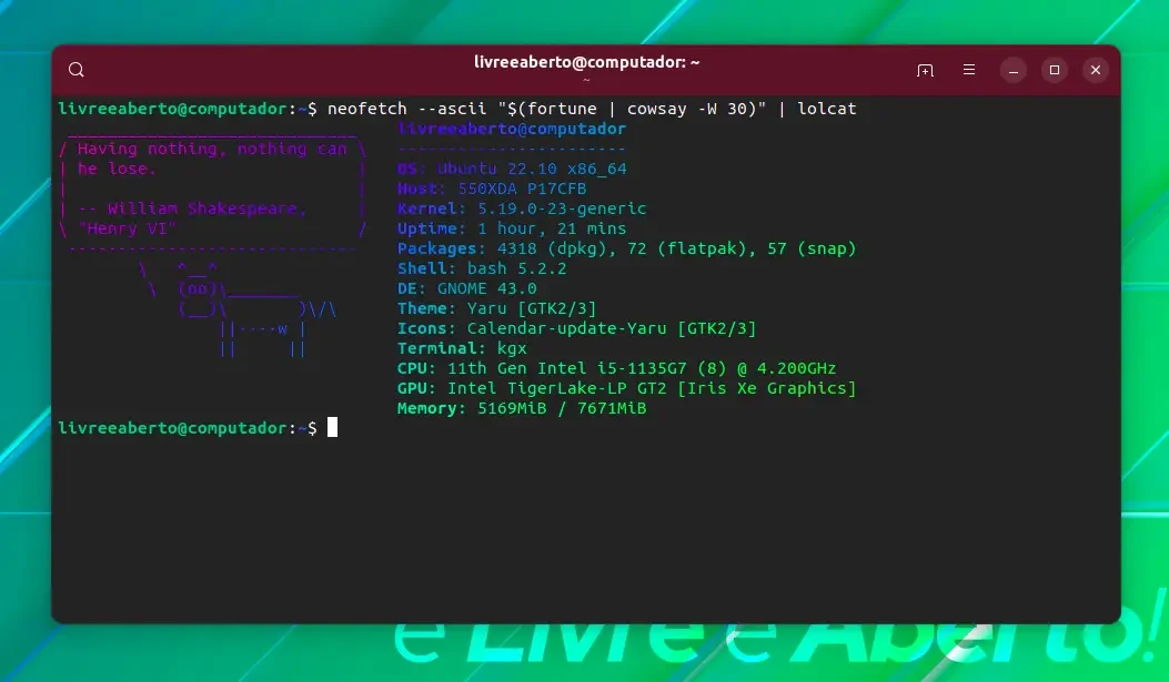 Neofetch com cowsay e lolcat Neofetch com cowsay e lolcat