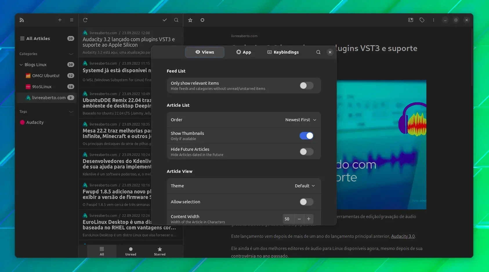 Configurações no NewsFlash Configurações no NewsFlash