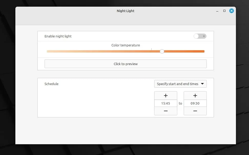 Luz noturna no Linux Mint 22.1