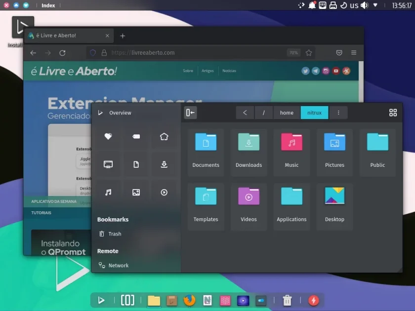 Nitrux 2 com um navegador web apontando para o site livreeaberto.com e o navegador de arquivos aberto