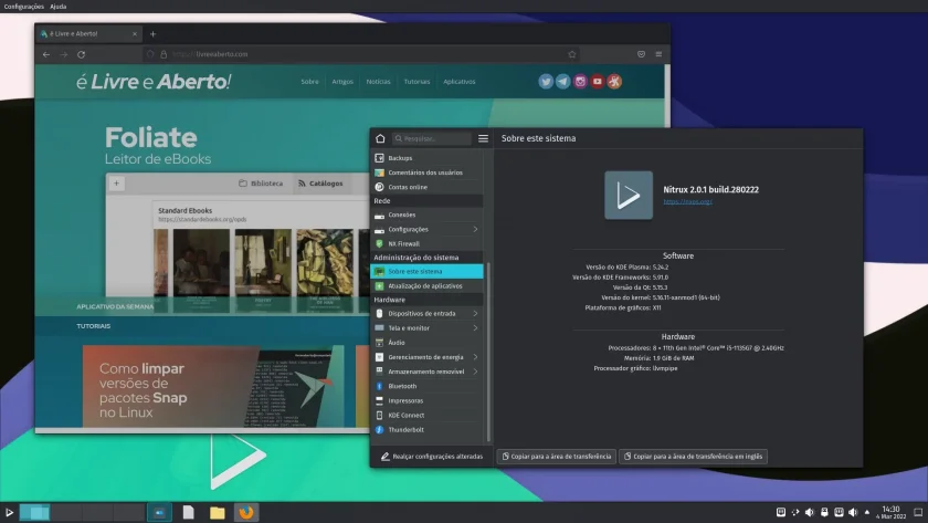 Nitrux 2.0.1 com o navegador aberto no site livreeaberto.com e uma janela com informações da distro Nitrux 2.0.1 com o navegador aberto no site livreeaberto.com e uma janela com informações da distro