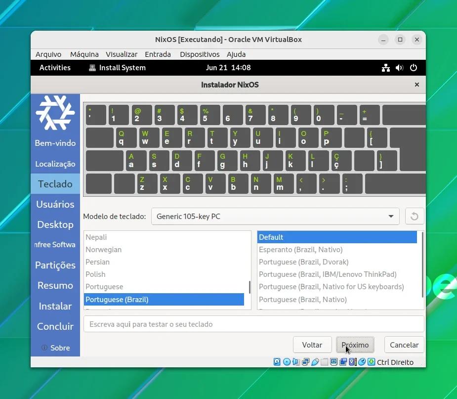 Selecione Layout de teclado para NixOS