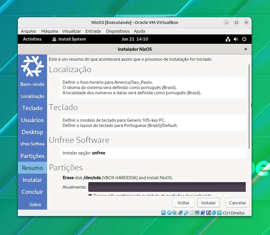 Opções de instalação do NixOS na VM