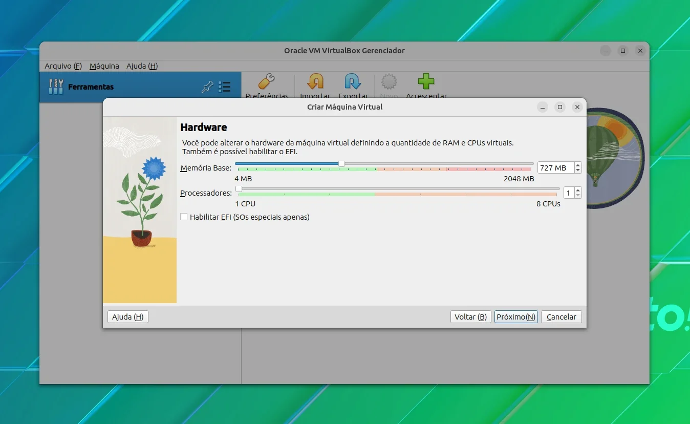 Selecione o hardware para a VM NixOS
