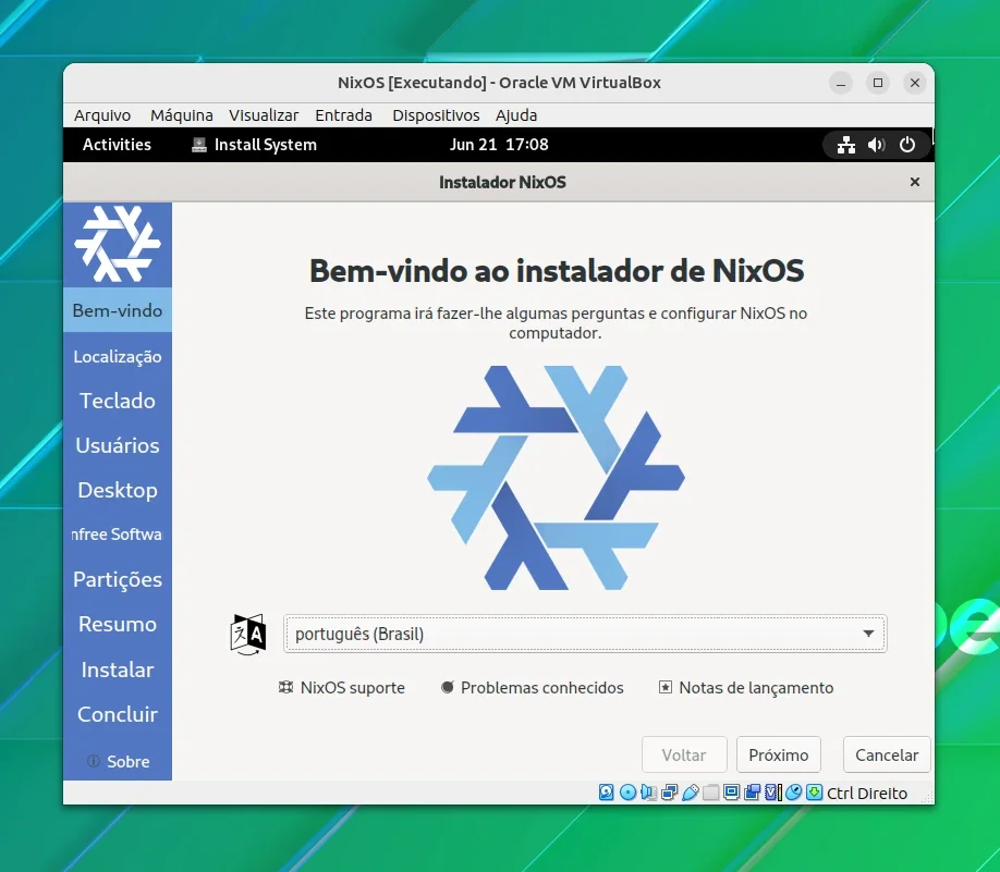 Escolha o idioma preferido para a instalação do NixOS