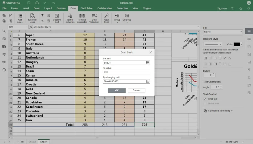 Uma captura de tela do recurso OnlyOffice Docs 8.0 Goal Seek em planilhas