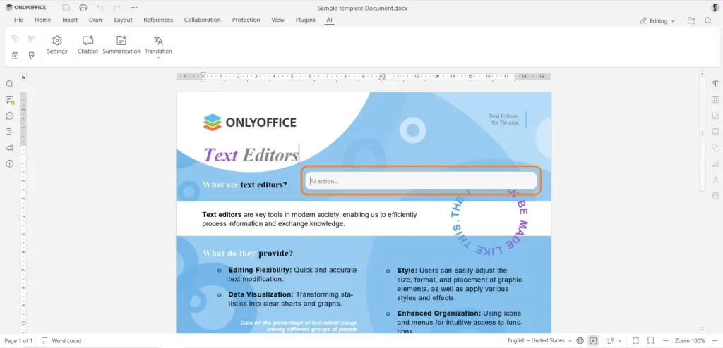 Uma captura de tela do OnlyOffice que mostra a caixa de texto AI Action no editor de documentos