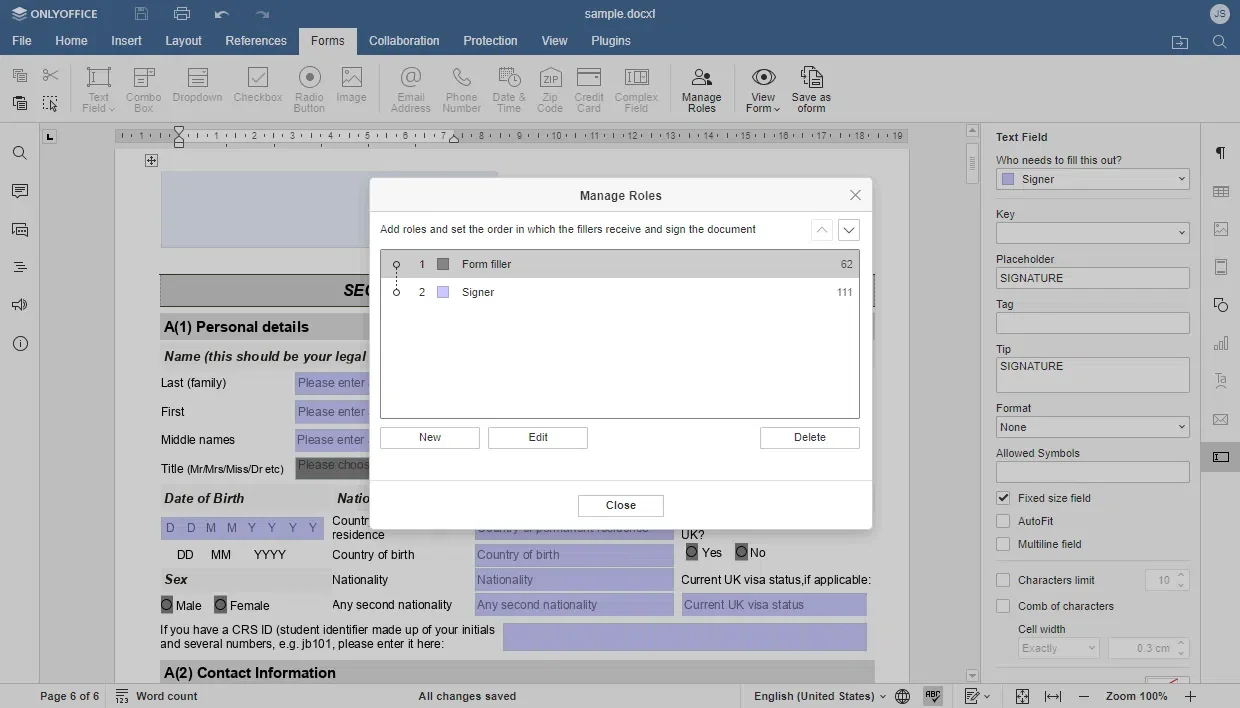 formulários aprimorados do onlyoffice 7.3