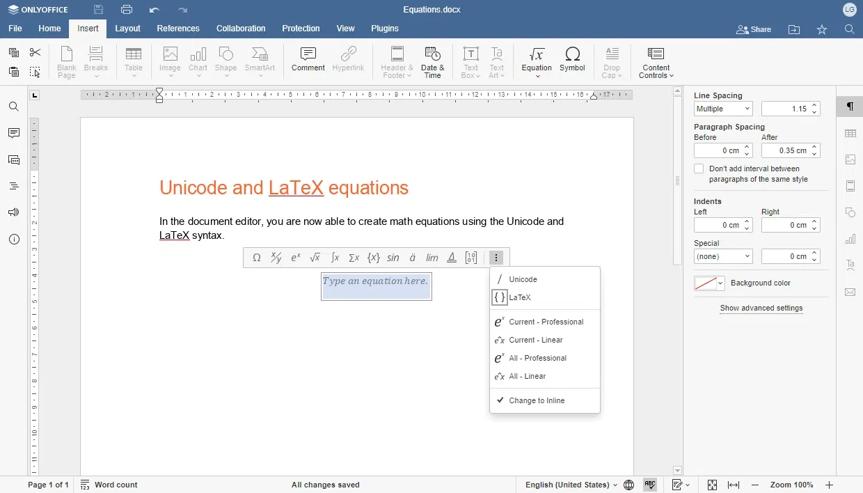 suporte a látex unicode do onlyoffice 7.3