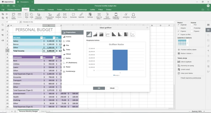 Uma captura de tela da interface sérvia do OnlyOffice Docs 8.1