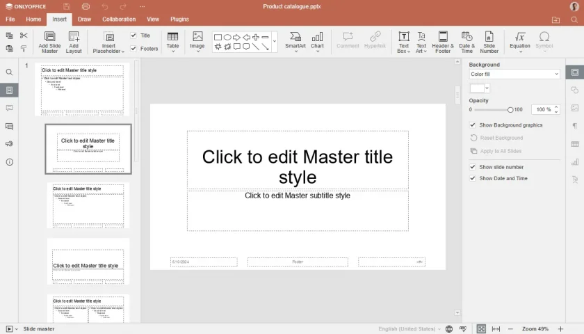 Uma captura de tela do recurso Slide Mestre de apresentações do OnlyOffice Docs 8.1 em ação