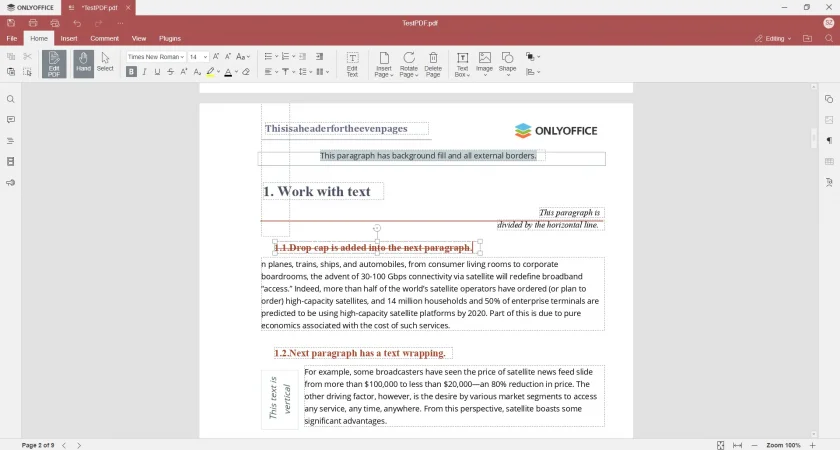 Uma captura de tela do editor de PDF do OnlyOffice Docs 8.1 em ação