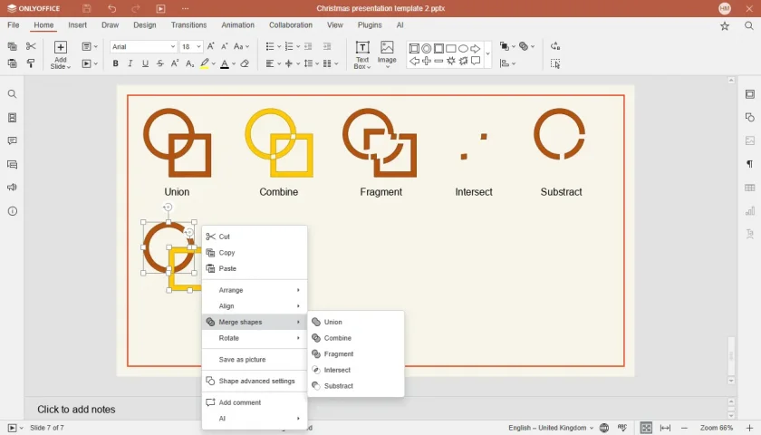 O novo recurso "Mesclar formas" no ONLYOFFICE Docs 8.3 em Presentations