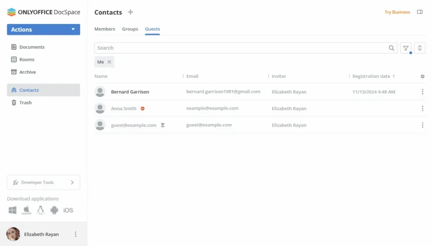 Nova organização da seção de contatos no ONLYOFFICE DocSpace 3.0