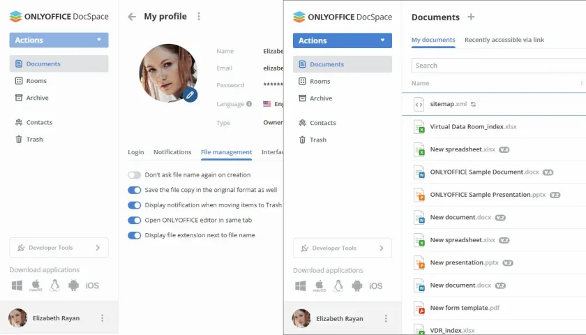 Configuração de extensões de arquivos no ONLYOFFICE DocSpace 3.0