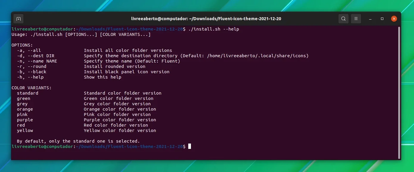 Opções de instalação dos ícones Fluent