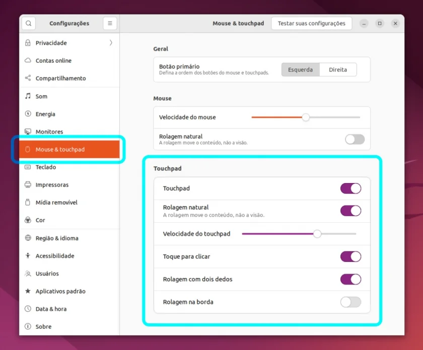 Opções de touchpad no Ubuntu 22.04