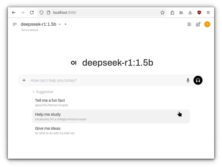 Interface de boas-vindas do Open WebUI com modelo DeepSeek carregado