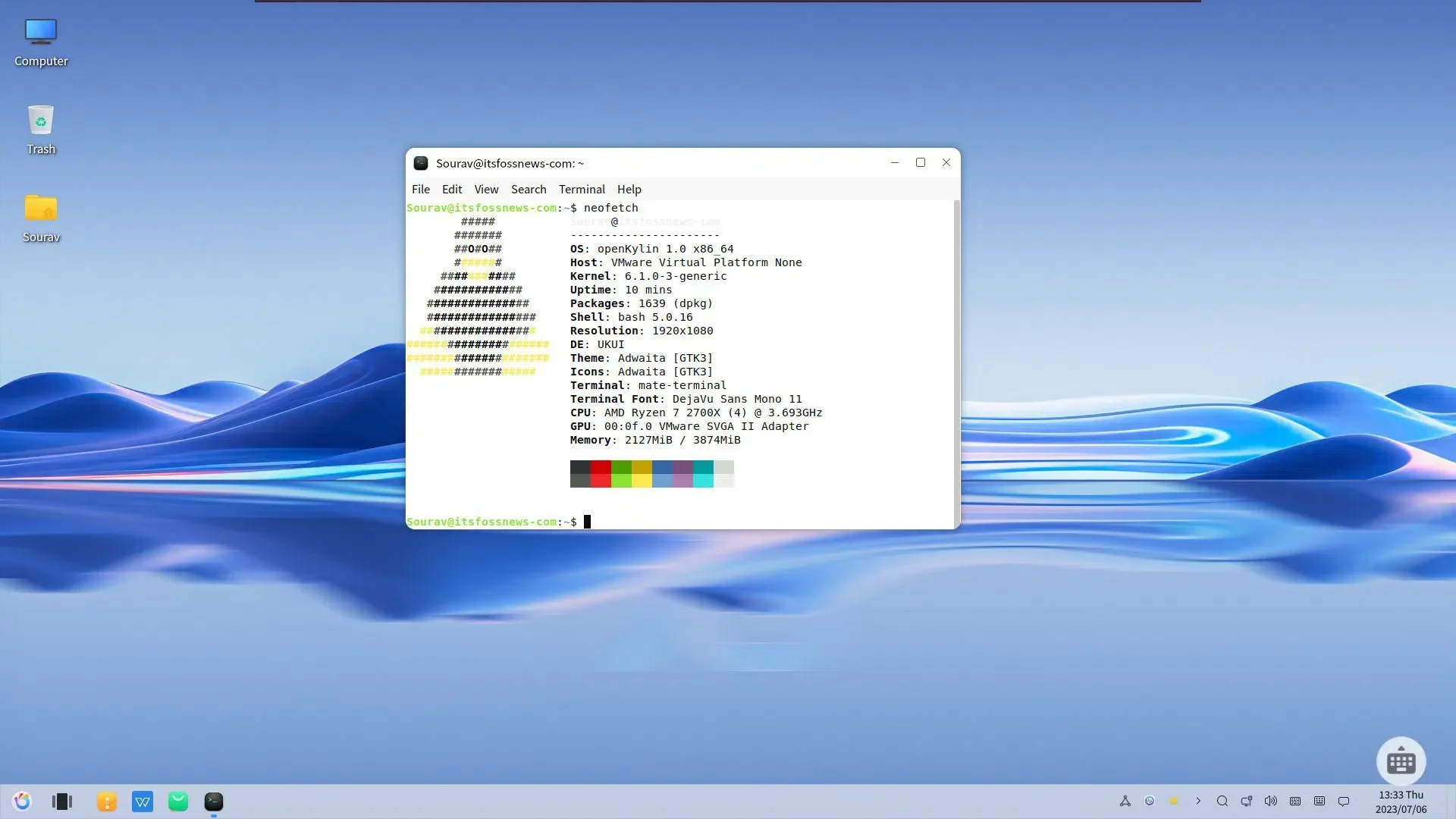 uma captura de tela da saída neofetch no openkylin