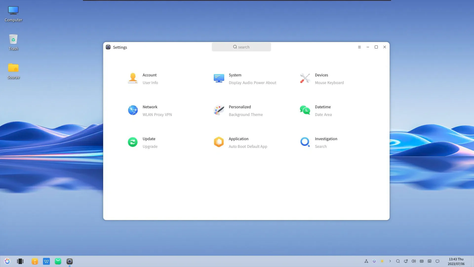 uma captura de tela do menu de configurações no openkylin