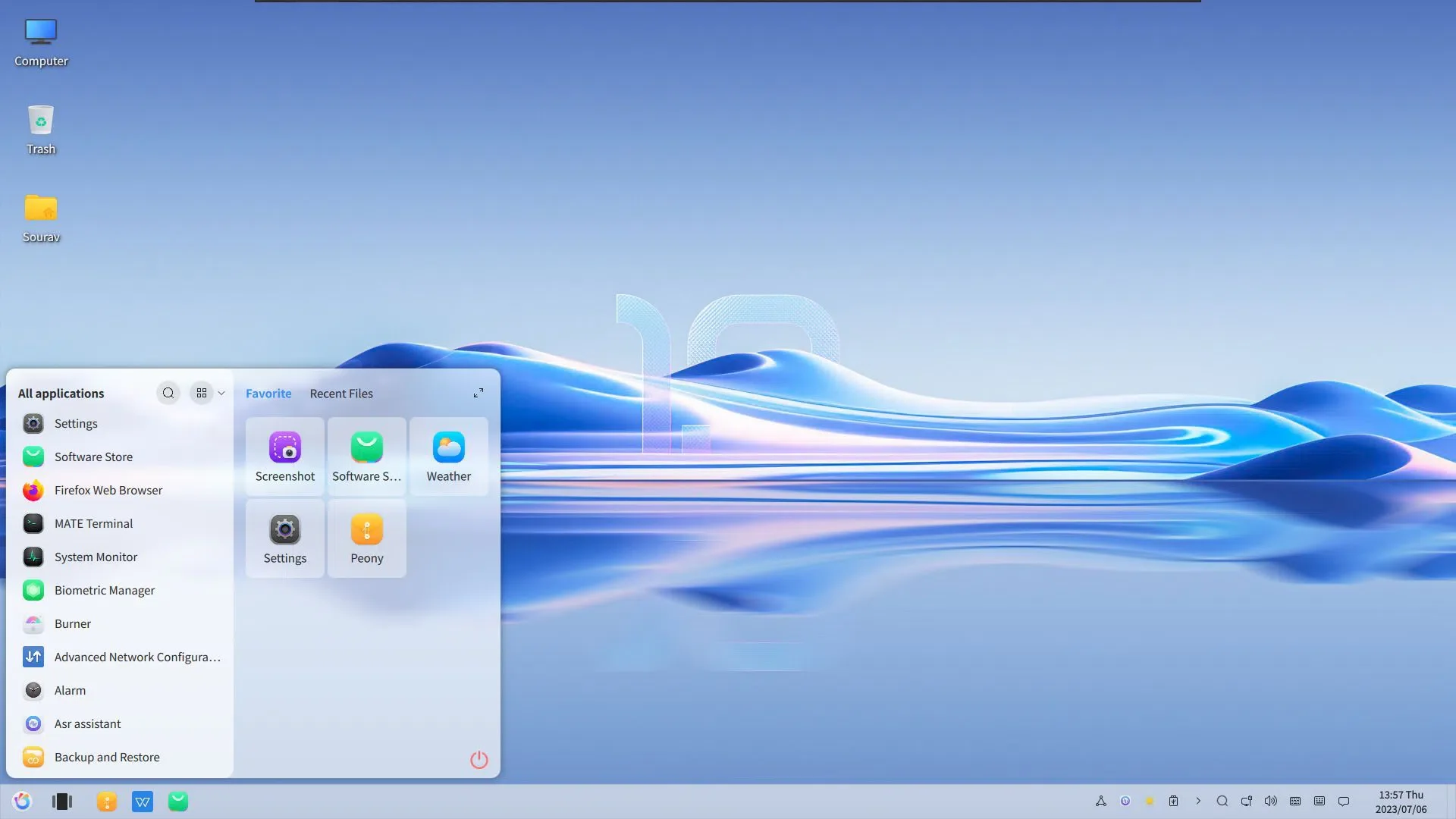 Uma captura de tela do menu do aplicativo no OpenKylin