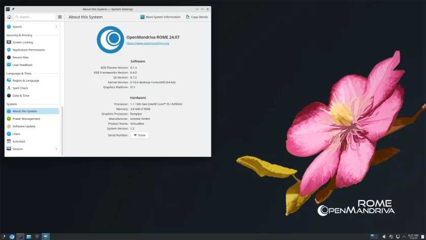 Uma captura de tela do OpenMandriva 24.07 Desktop View com informações do sistema