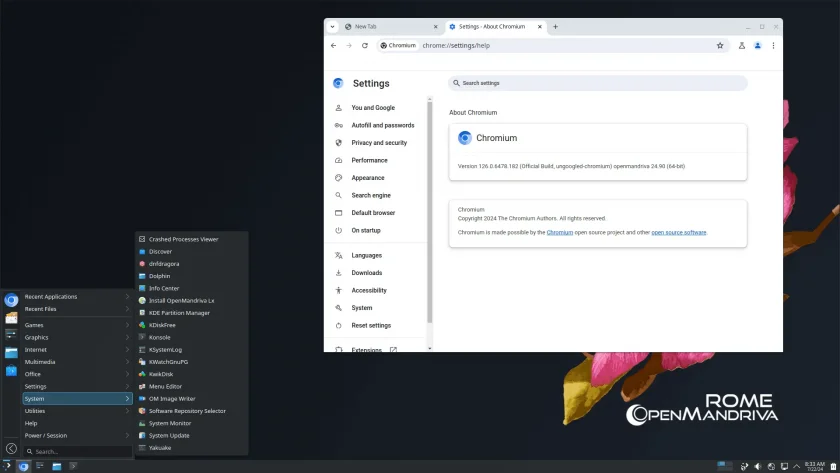 Uma captura de tela do OpenMandriva 24.07 executando o DeGoogled Chromium e o iniciador de aplicativos