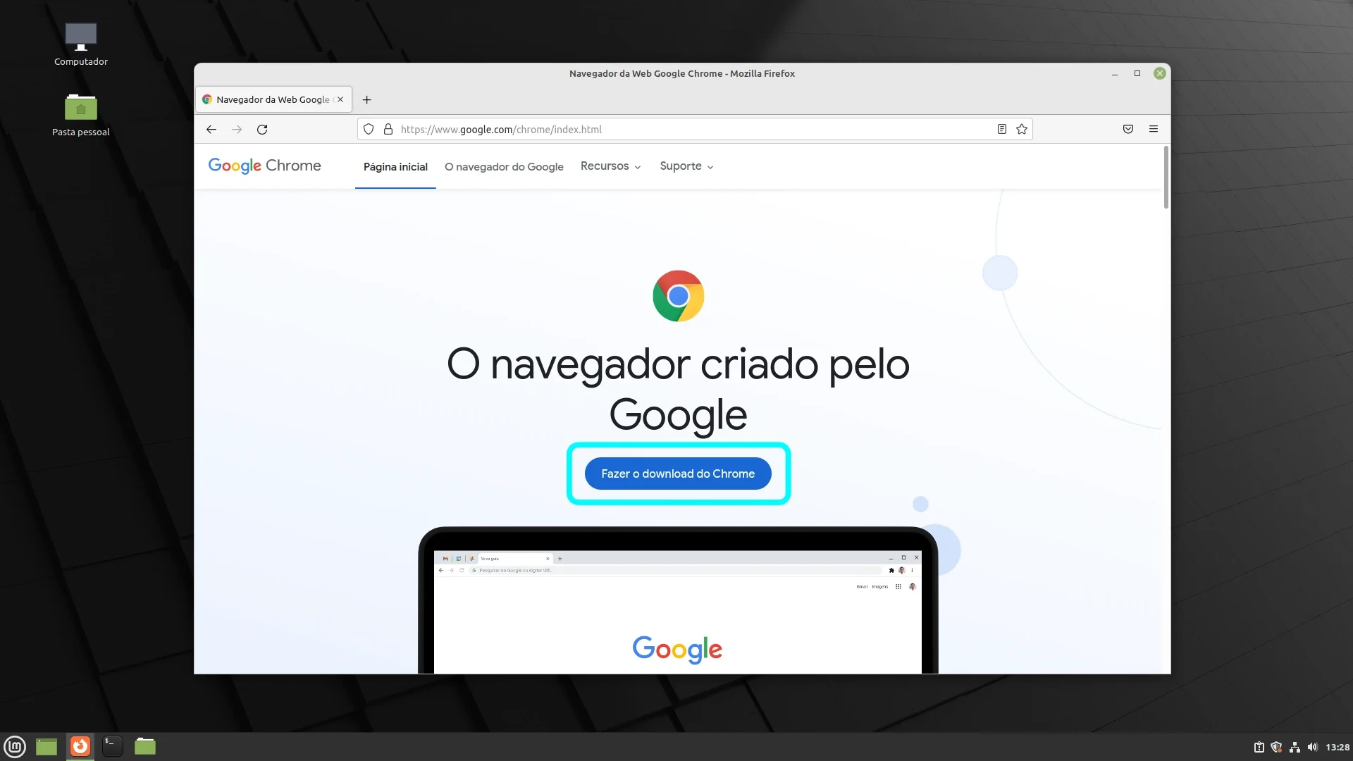 Página de download do Google Chrome com botão Fazer o download do Chrome em destaque