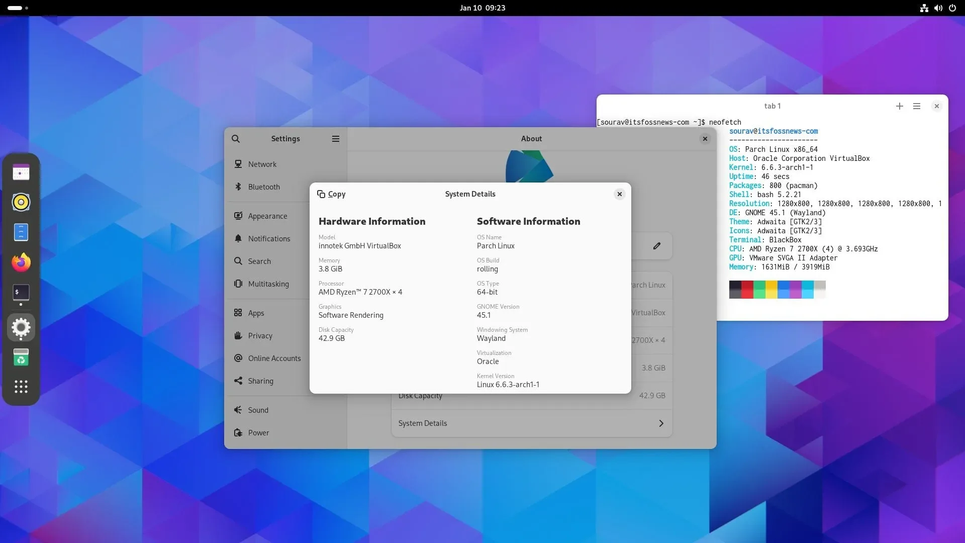 uma captura de tela do parch linux com uma página de detalhes do sistema e saída neofetch aberta